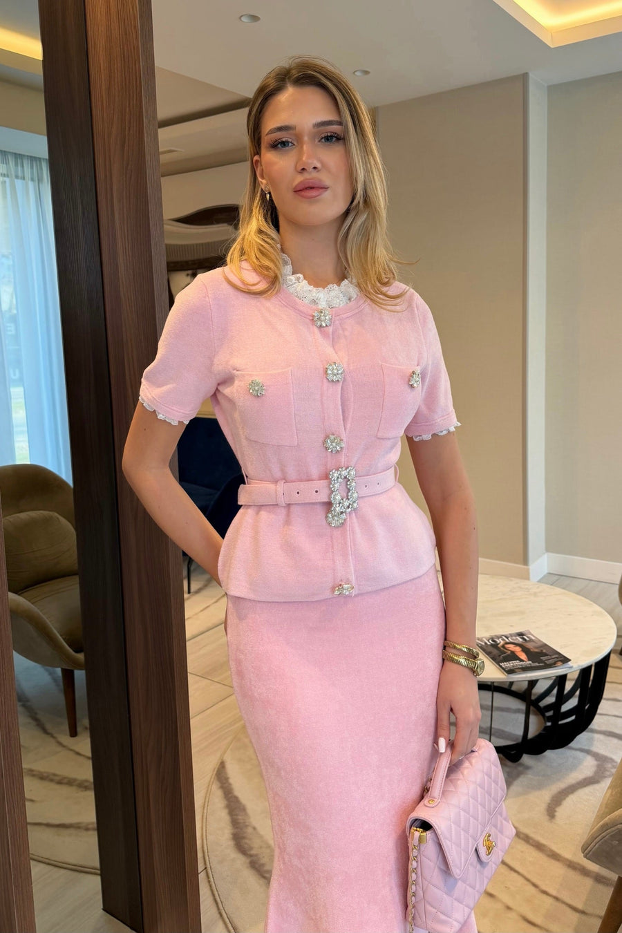 Peplum Bel ve Kristal Düğme Kemer Detaylı Kısa Kollu Takım - Pudra Pembe
