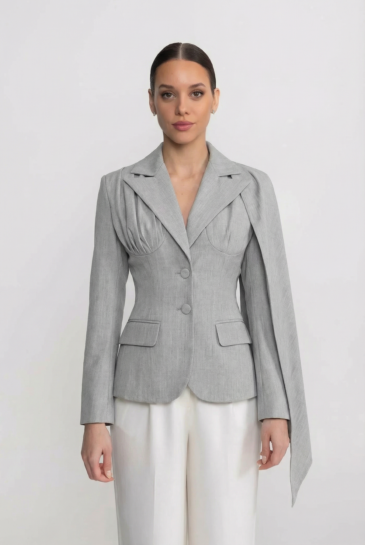 Drapeli Pelerin Panel Detaylı Terzi İşi Uzun Kollu Blazer Ceket - Gri
