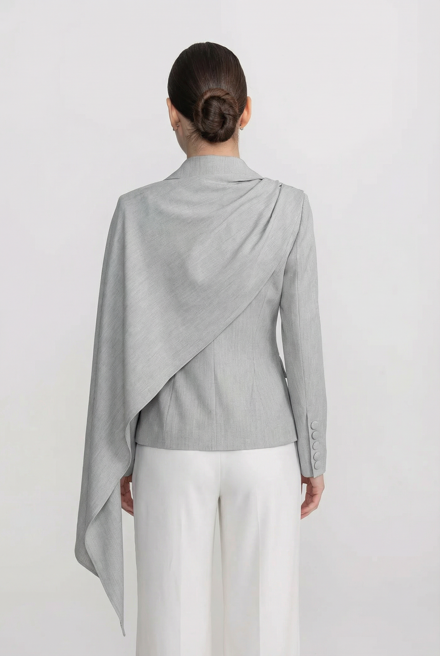 Drapeli Pelerin Panel Detaylı Terzi İşi Uzun Kollu Blazer Ceket - Gri
