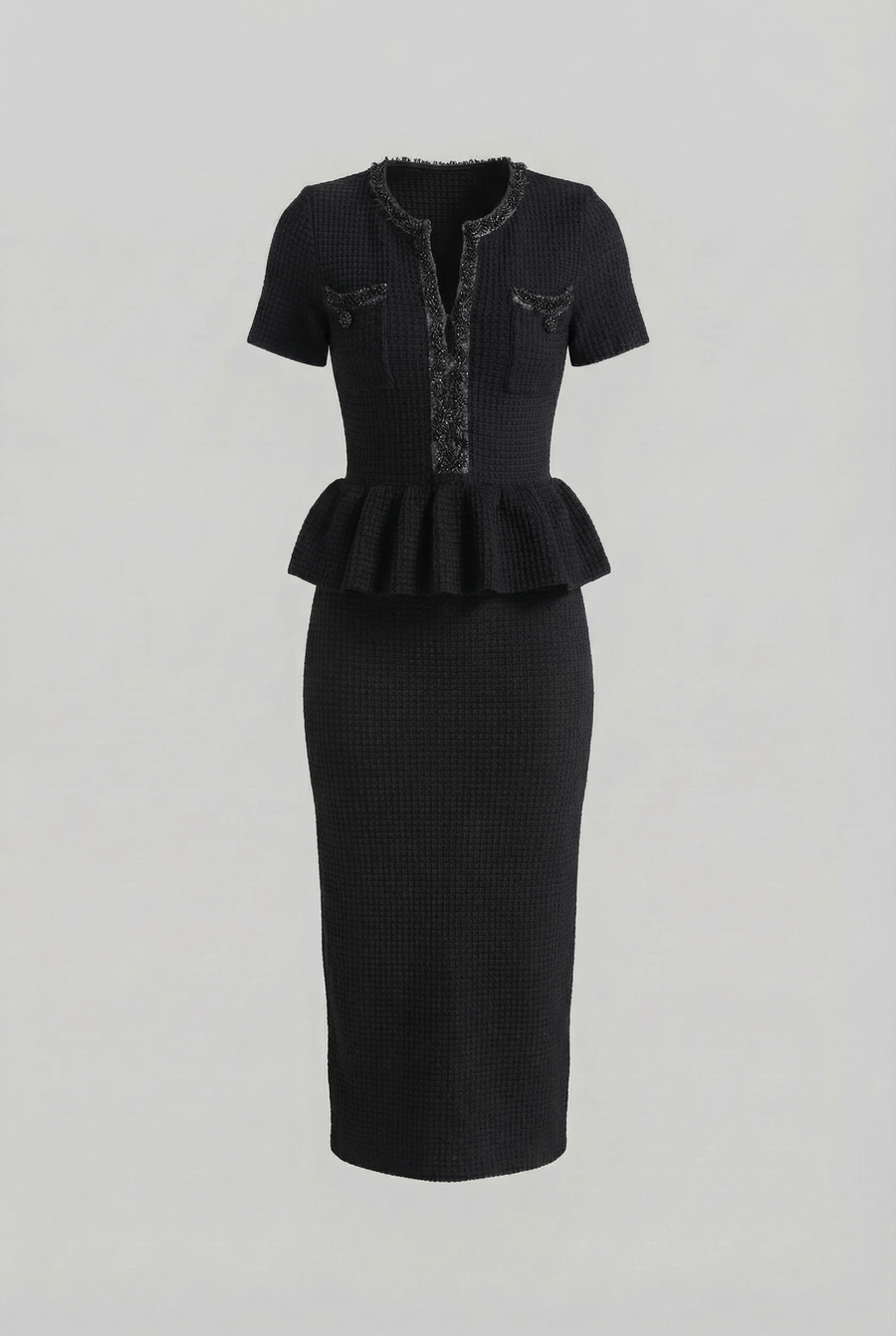 Peplum Bel Detayı Dokulu Triko Midi Elbise - Siyah