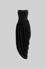 Asimetrik Drapeli Etek Detaylı Askısız Maxi Elbise - Siyah