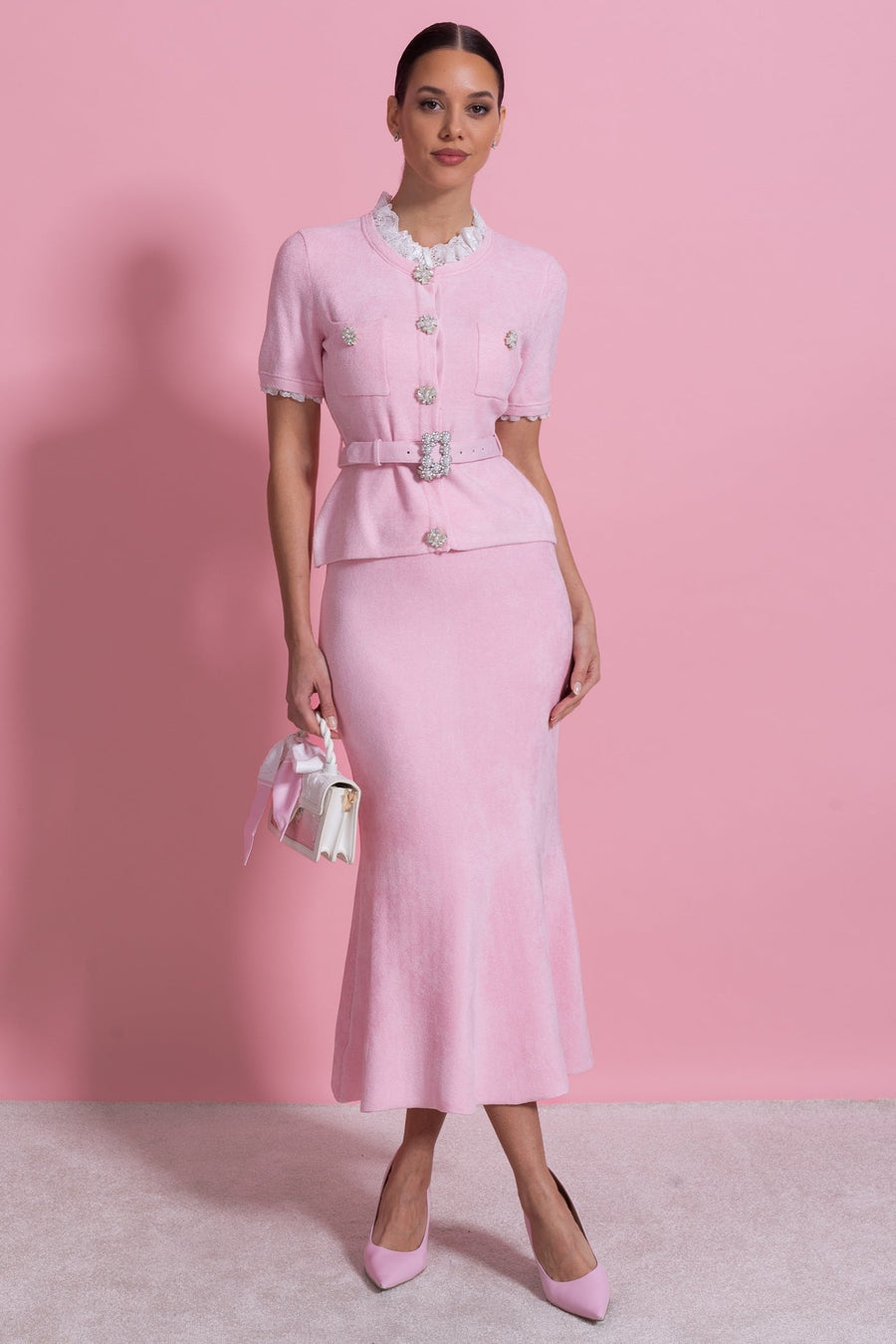 Peplum Bel ve Kristal Düğme Kemer Detaylı Kısa Kollu Takım - Pudra Pembe