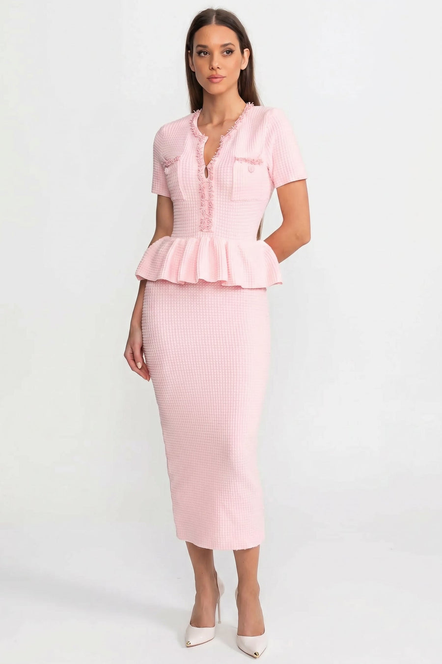 Peplum Bel Detayı Dokulu Triko Midi Elbise - Baby Pembe