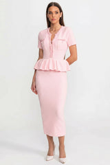 Peplum Bel Detayı Dokulu Triko Midi Elbise - Baby Pembe