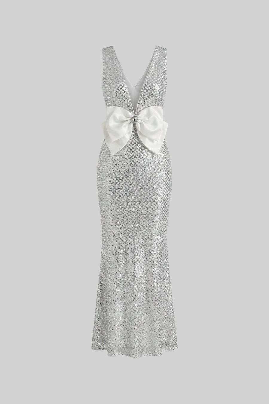 Saten Fiyonk Detay Payet Maxi Elbise - Light Gri