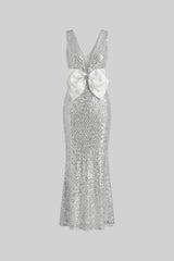 Saten Fiyonk Detay Payet Maxi Elbise - Light Gri