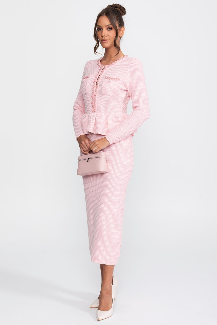 Ön Göğüs Cepleri Detaylı Püskül Şerit Triko Peplum Elbise - Pembe