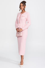 Ön Göğüs Cepleri Detaylı Püskül Şerit Triko Peplum Elbise - Pembe