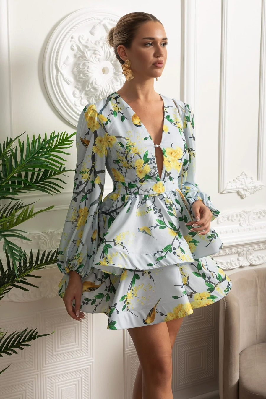 Hacimli Kollar ve Peplum Detay Çiçekli Romantik Mini Elbise - Gök Mavisi