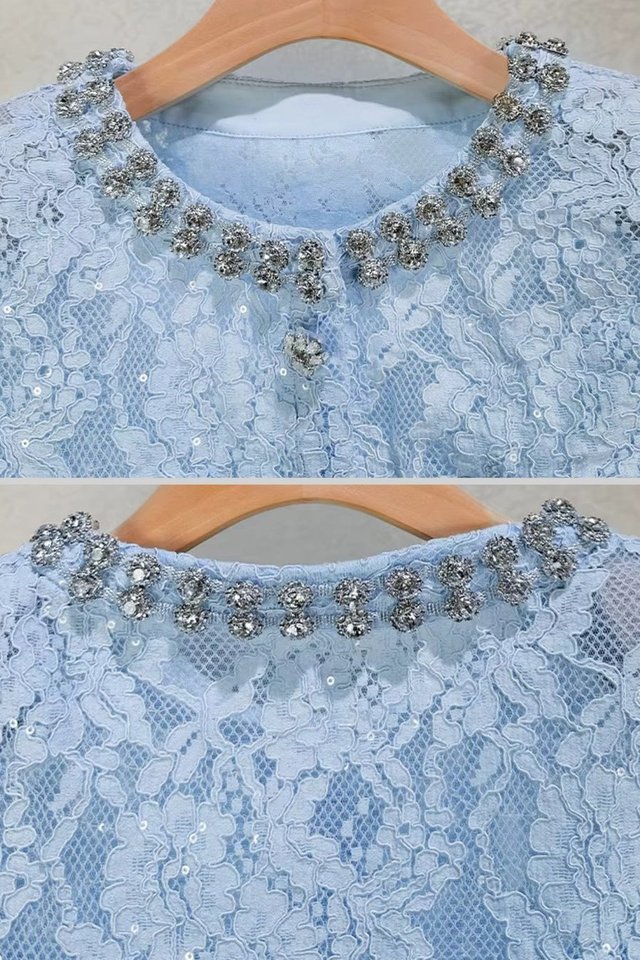 Işıltılı Yaka Süslemeler ve Midi Etek Detaylı Dantel Takım - Mavi