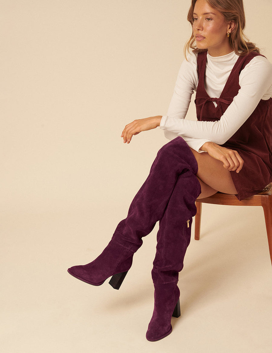 Bordo Süet Thigh Yüksek Çizme