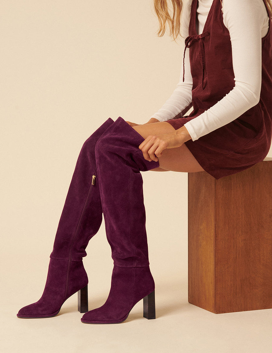 Bordo Süet Thigh Yüksek Çizme