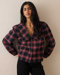 Kırmızı Ekoseli Fitilli Kadife Oversize Yaka Detaylı Bluz