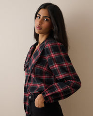 Kırmızı Ekoseli Fitilli Kadife Oversize Yaka Detaylı Bluz
