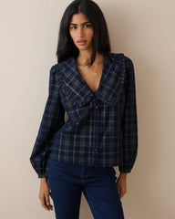 Lacivert Ekoseli Fitilli Kadife Oversize Yaka Detaylı Bluz