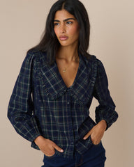Lacivert Ekoseli Fitilli Kadife Oversize Yaka Detaylı Bluz