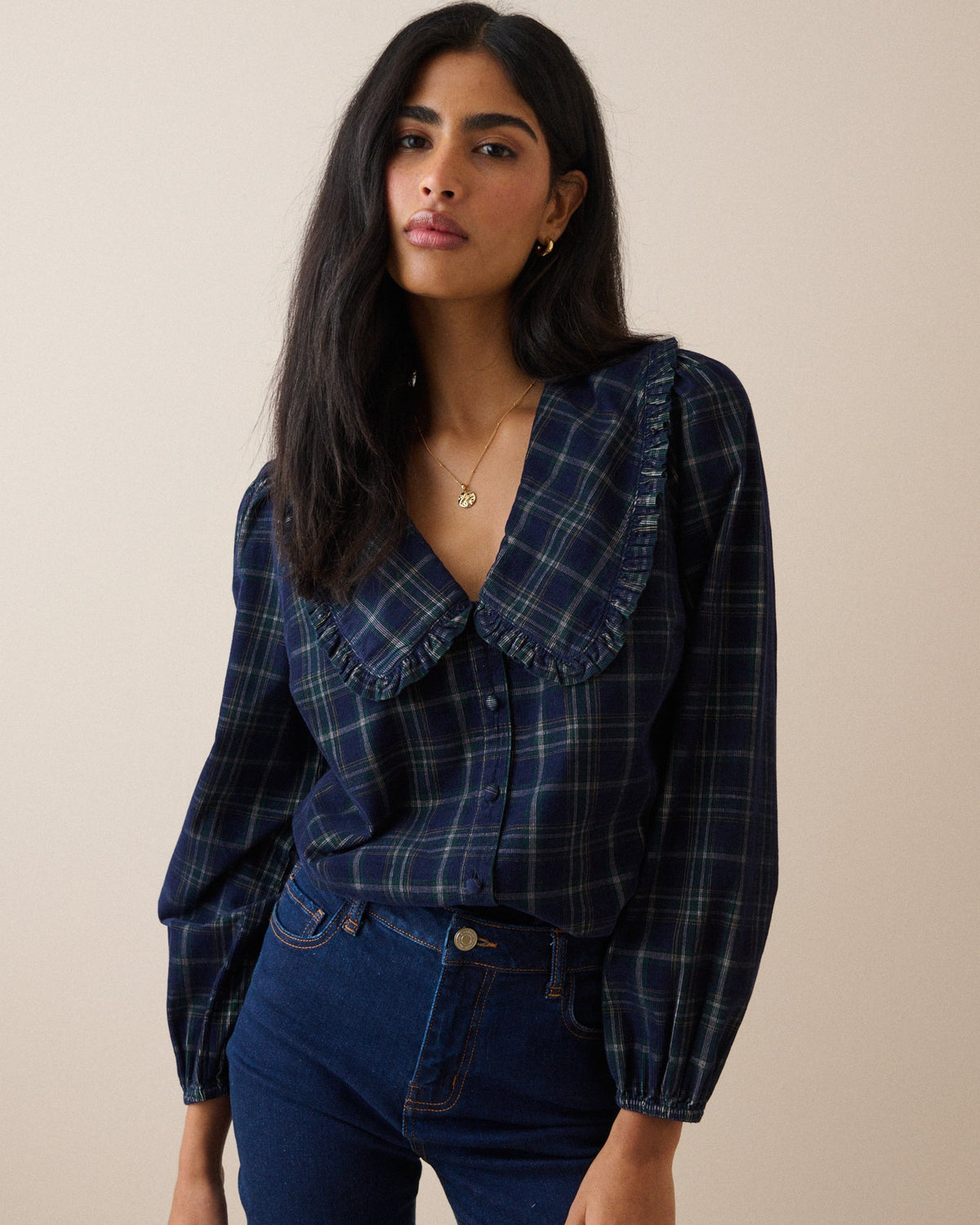 Lacivert Ekoseli Fitilli Kadife Oversize Yaka Detaylı Bluz