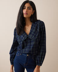 Lacivert Ekoseli Fitilli Kadife Oversize Yaka Detaylı Bluz
