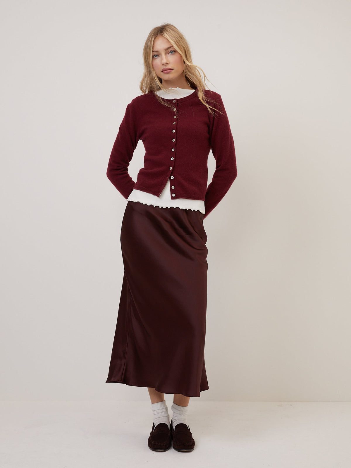 Bordo Saten Mila Midi Boy İnce Askılı Etek