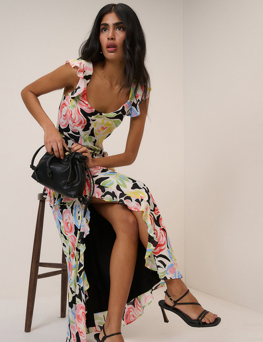 Siyah Çiçek Desenli Juniper Maxi Boy Elbise