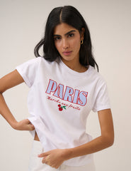 Beyaz Paris Baskılı Tişört