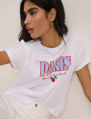 Beyaz Paris Baskılı Tişört