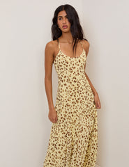 Tereyağı Sarısı Leopar Desenli Kiki Maxi Boy Elbise
