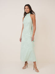 Mint Yeşili Çiçek Desenli Saten Fifi Maxi Boy Elbise