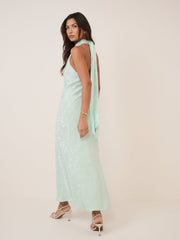 Mint Yeşili Çiçek Desenli Saten Fifi Maxi Boy Elbise