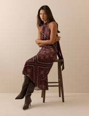 Kahverengi Paisley Tile Desenli Fifi Maxi Boy Elbise