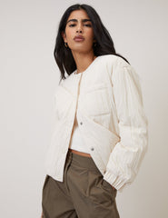 Krem Kapitone Bomber Ceket