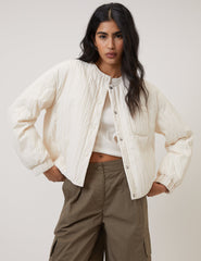 Krem Kapitone Bomber Ceket