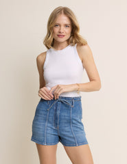 Orta Ton Yıkamalı Kensal Kuşaklı Denim Kısa