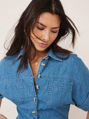 Mavi Denim Boydan Düğmeli Şort Tulum