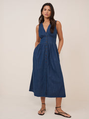 Koyu Mavi Denim Kolsuz Starlight Midi Boy Elbise