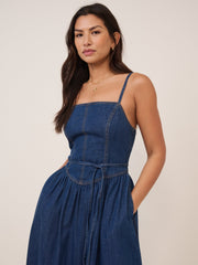 Koyu Mavi Denim Jones Midi Boy Elbise