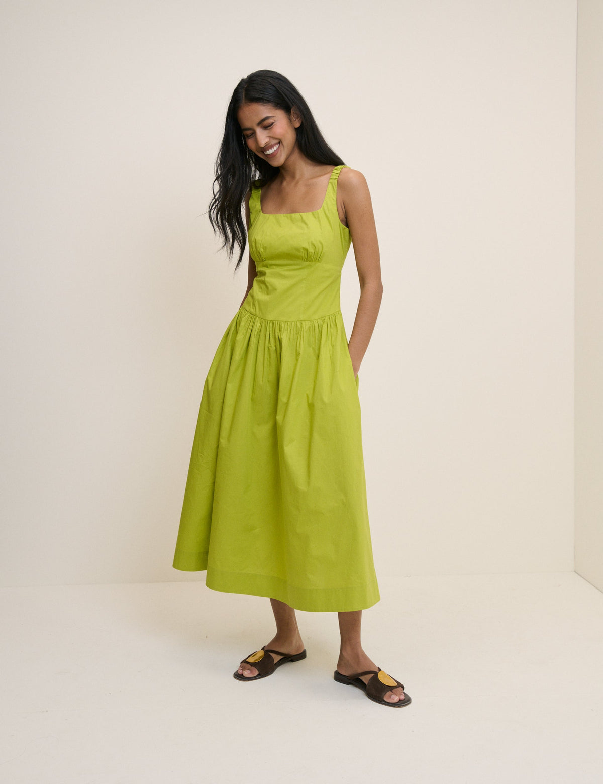 Chartreuse Yeşil Panelli Soraya Midi Boy Elbise