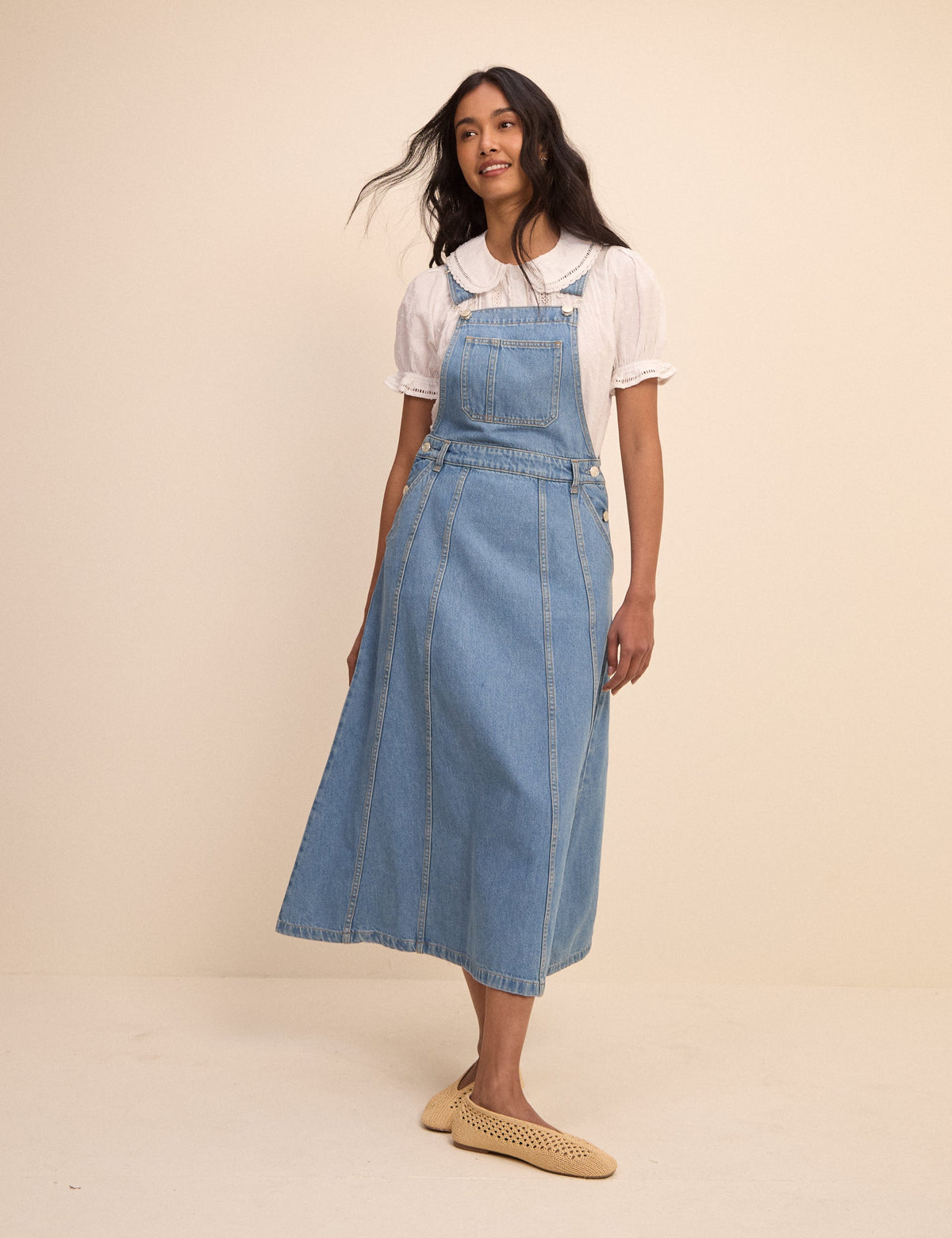 Orta Ton Yıkamalı Denim Salopet Midi Boy Elbise