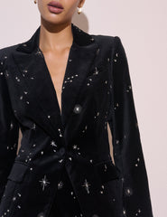 Siyah Gökyüzü Desenli İşlemeli Kadife Blazer Ceket