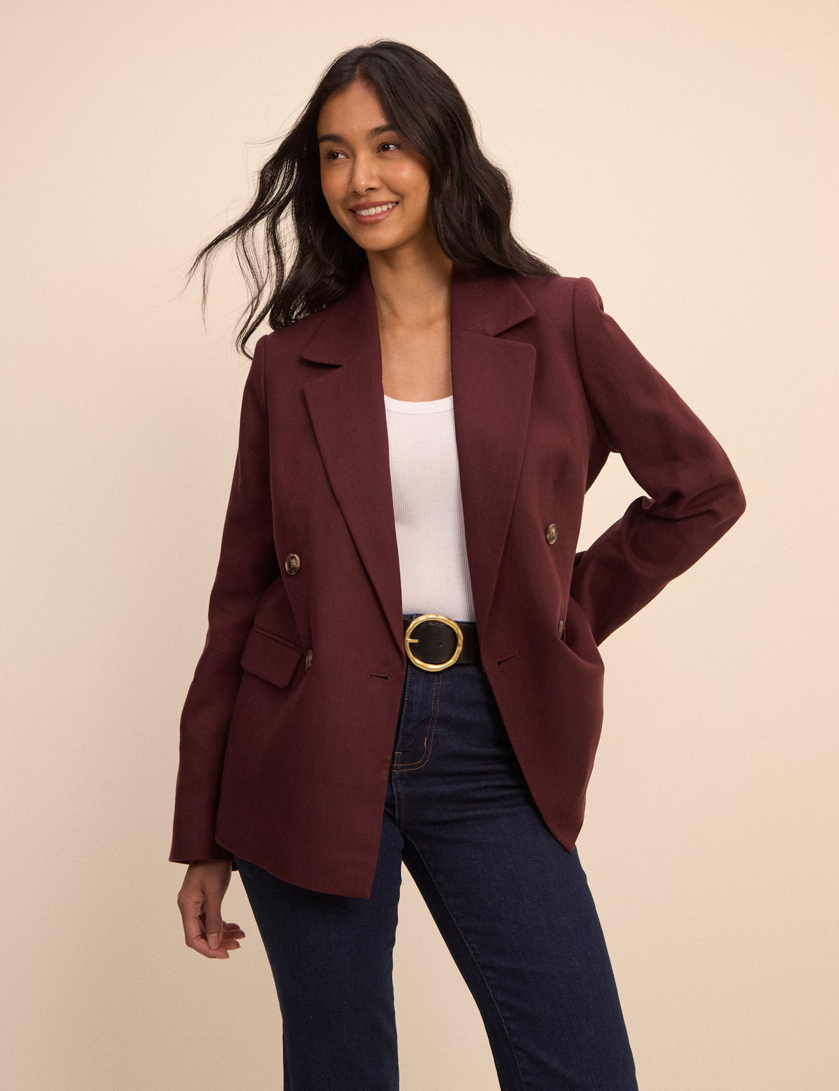 Bordo Çift Düğmeli Keten Karışımlı Alicia Blazer Ceket