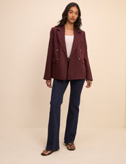 Bordo Çift Düğmeli Keten Karışımlı Alicia Blazer Ceket