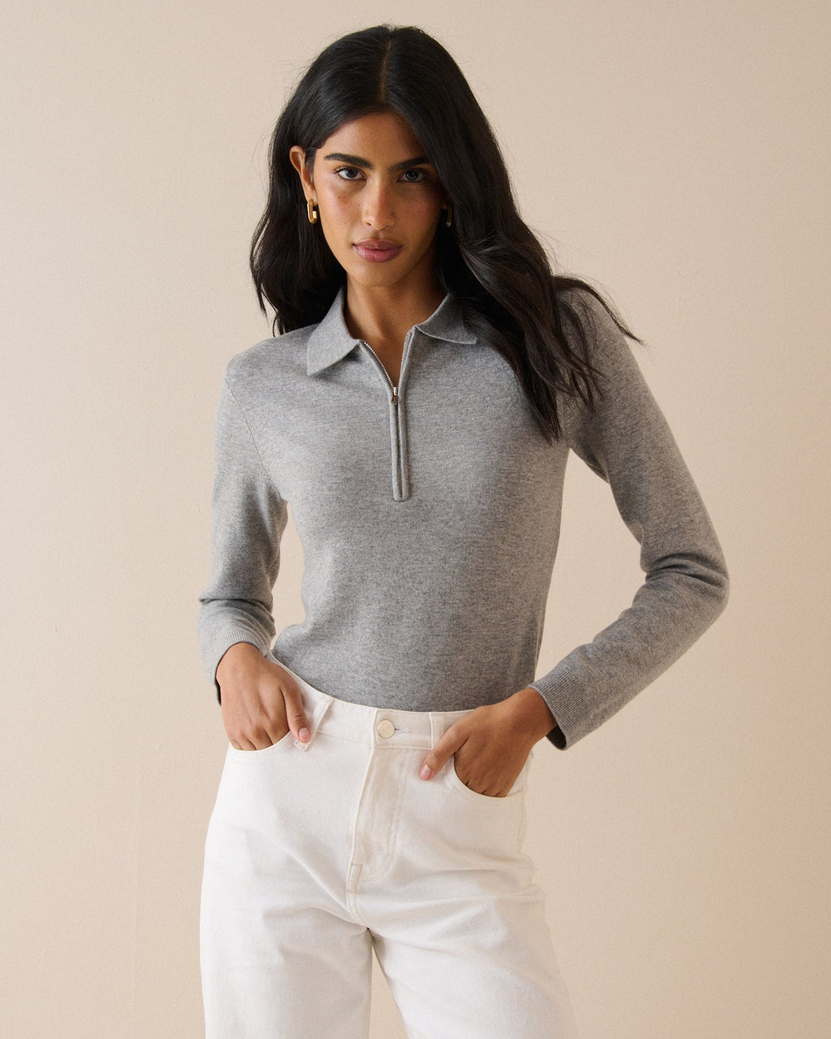 Gri Yarım Fermuarlı Polo Bluz