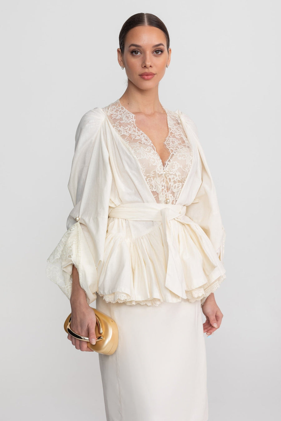 Dantel Panel Detaylı Kemerli Peplum Takım - Fildişi