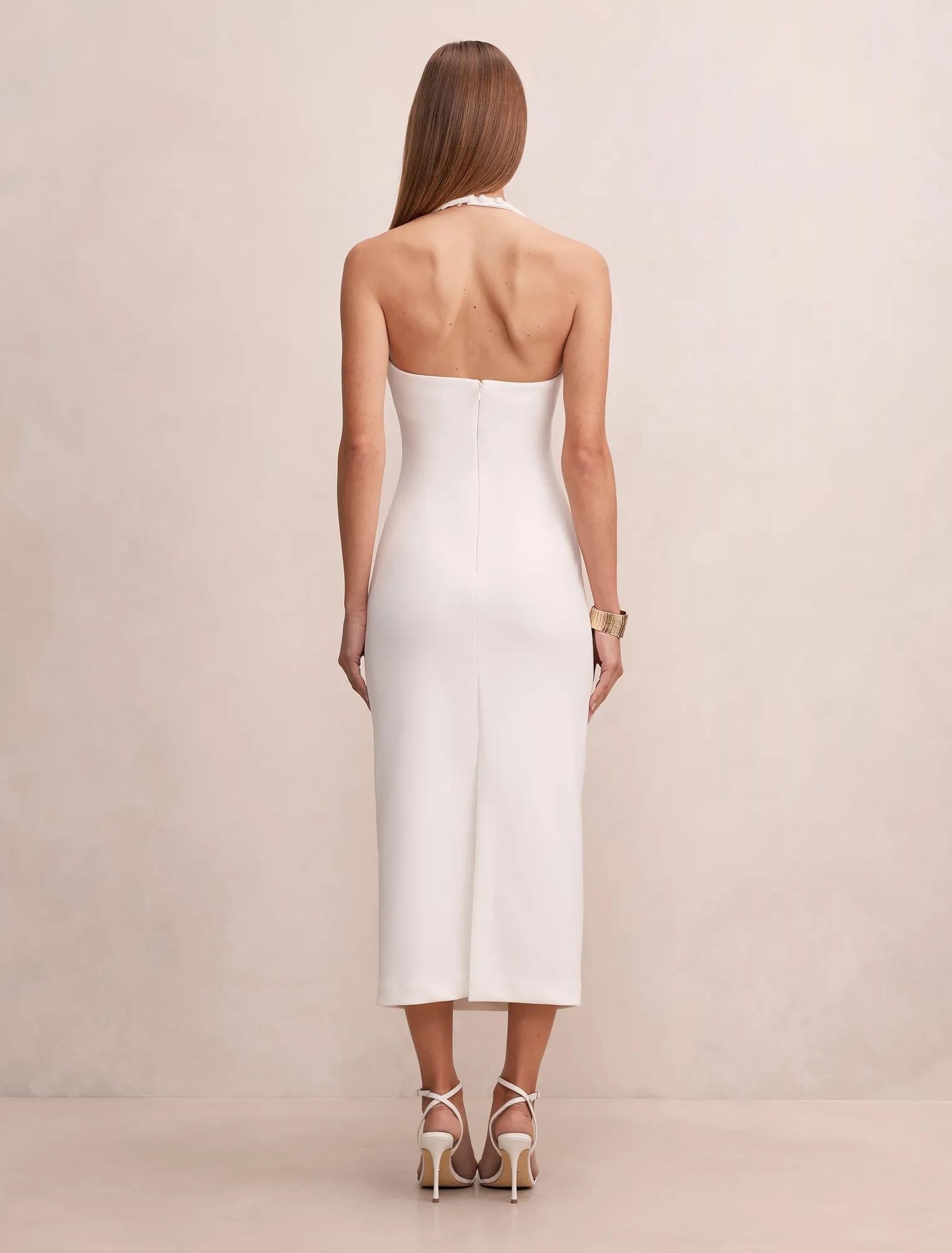 Georgie Boyundan Bağlamalı Büzgülü Bodycon Elbise Kırık Beyaz
