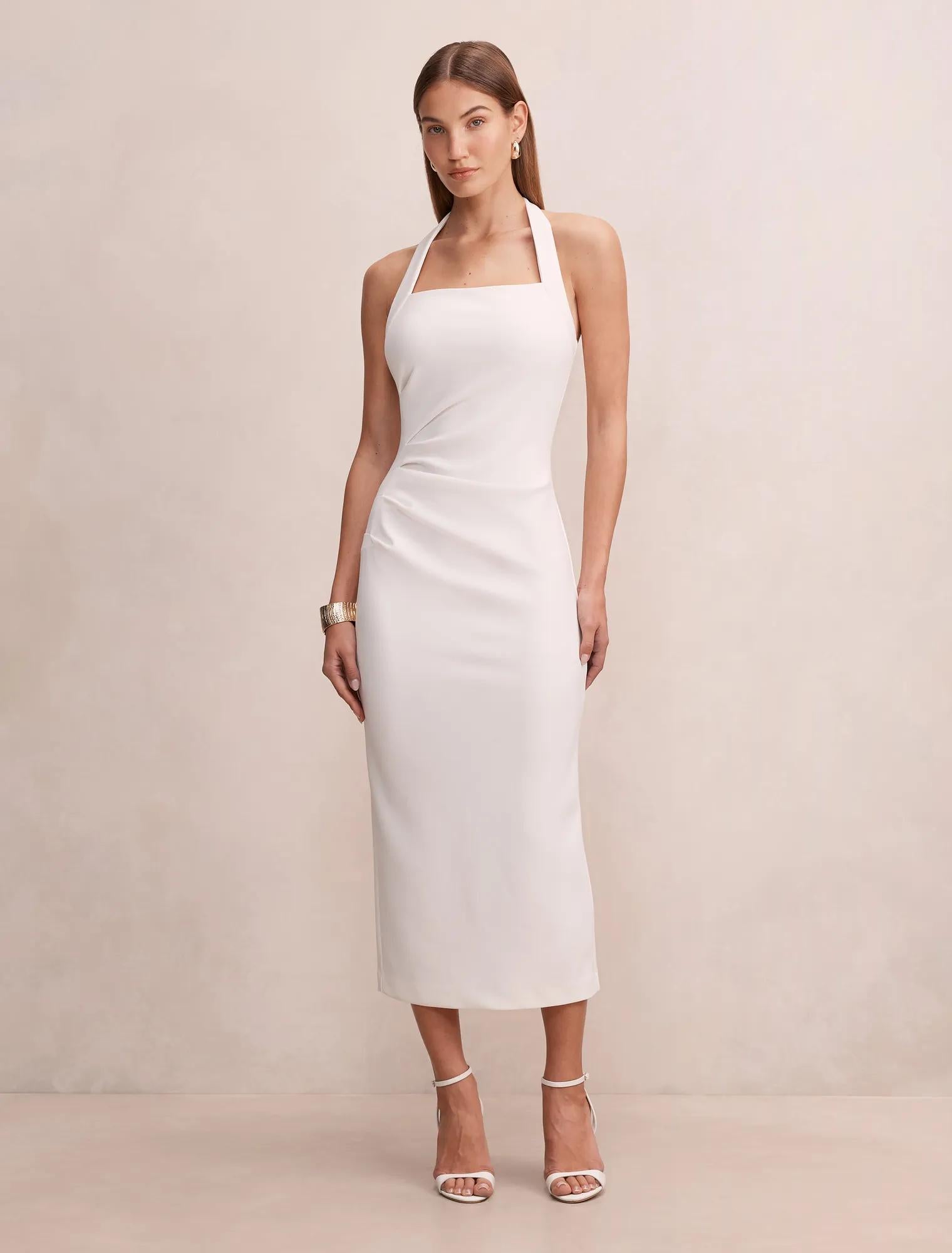 Georgie Boyundan Bağlamalı Büzgülü Bodycon Elbise Kırık Beyaz