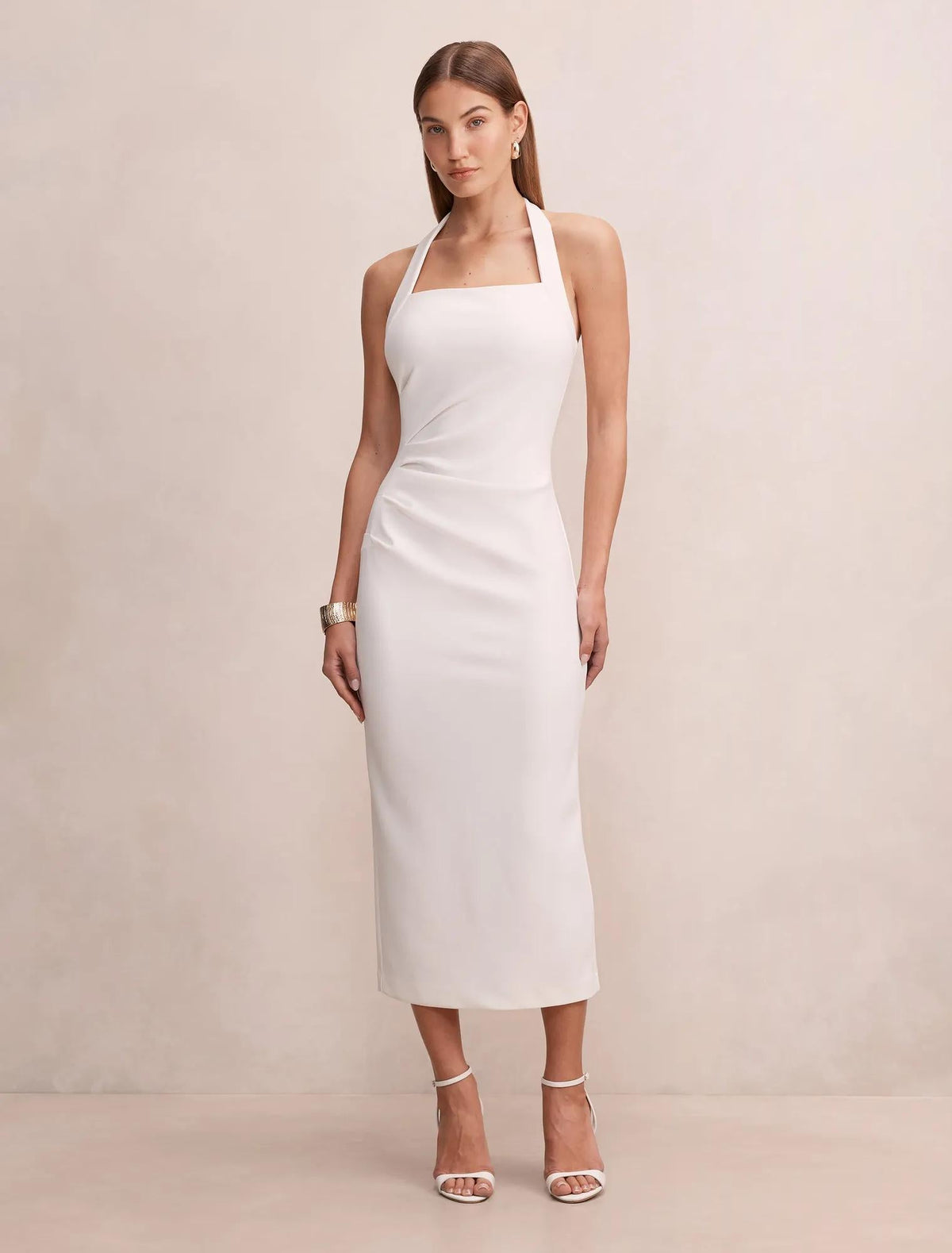 Georgie Boyundan Bağlamalı Büzgülü Bodycon Elbise Kırık Beyaz