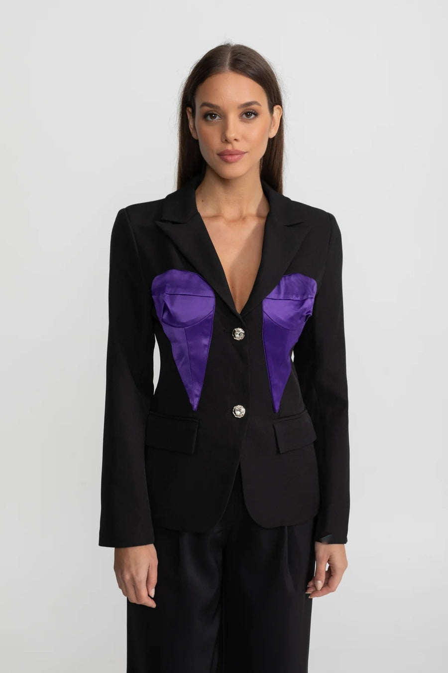 Kontrast Göğüs Panelleri Detaylı Terzi İşi Saten Panelli Blazer Ceket - Siyah & Mor
