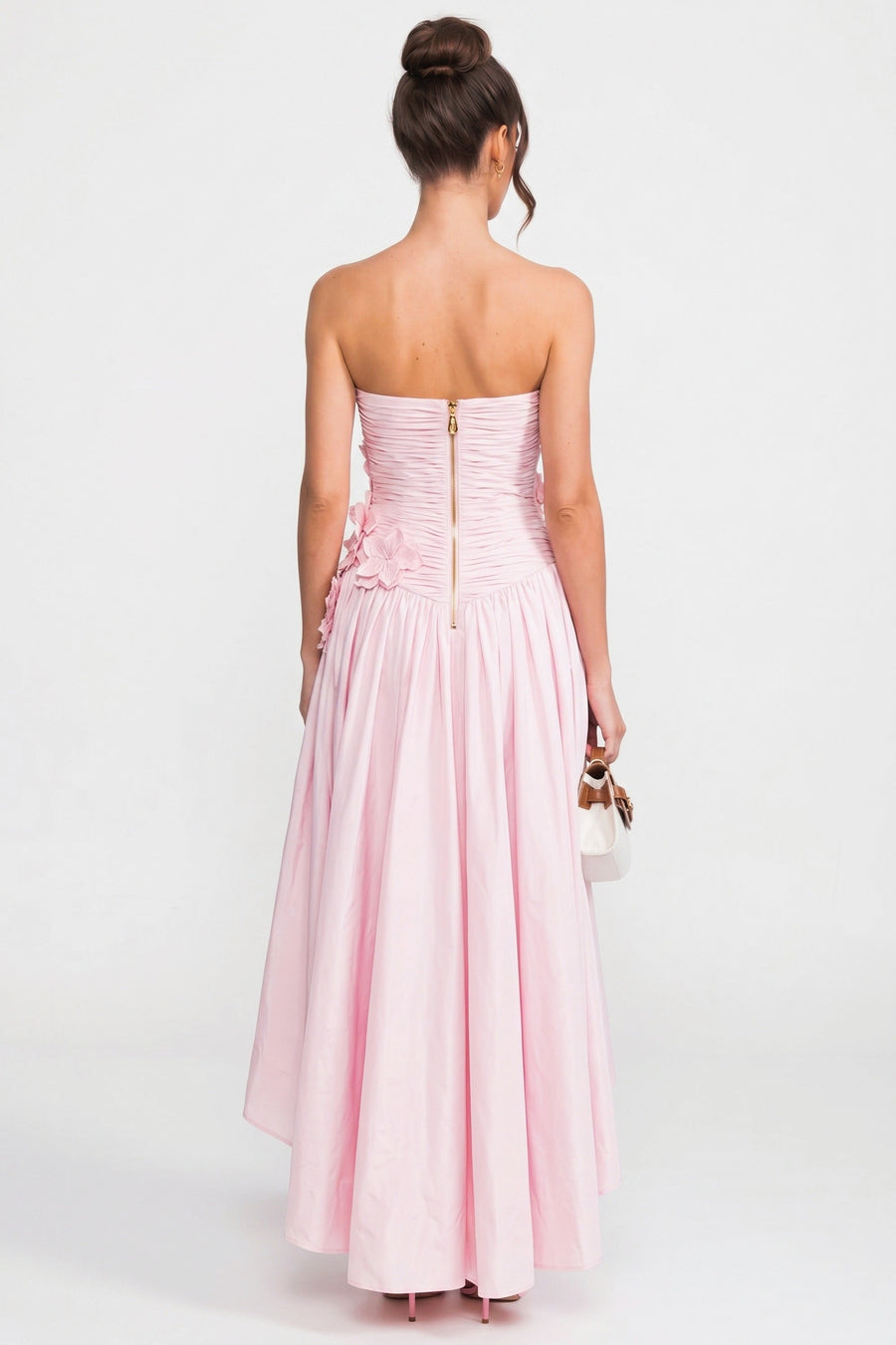 3D Çiçek Üst Beden ve Tam Etek Detaylı Askısız Ballgown - Pembe