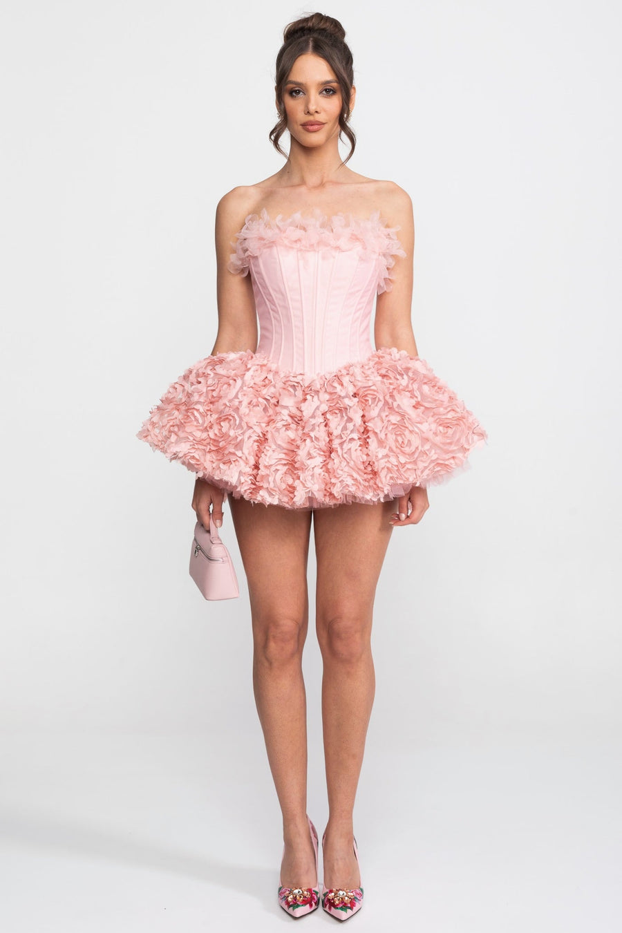 3D Gül Kurusu Aplike Etek Detaylı Askısız Korse Mini Elbise - Pembe