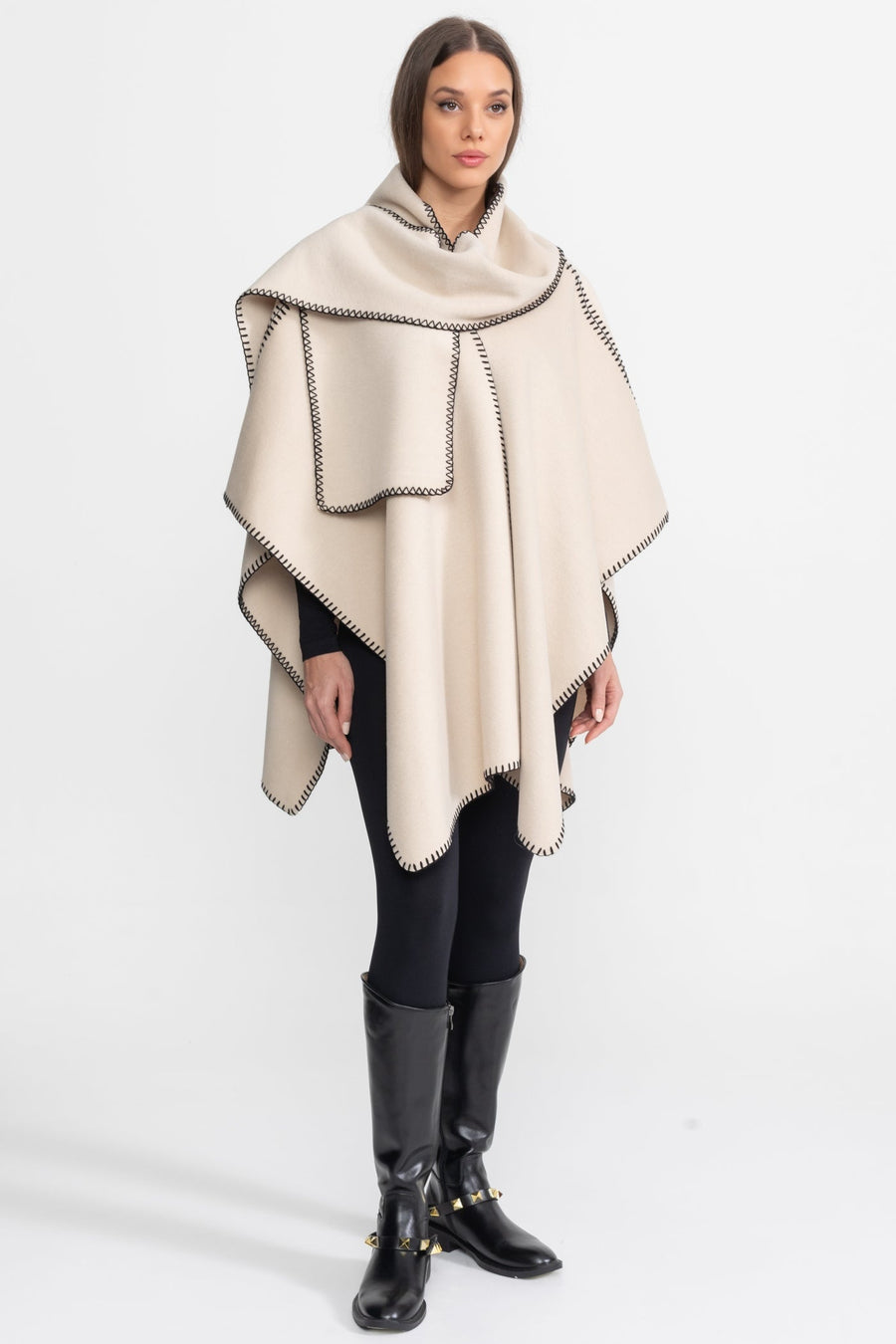 Kontrast Whipstitch Kenar Şeridi Detaylı Yün Karışımlı Poncho - Fildişi